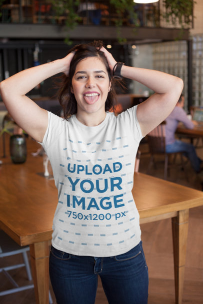 Round Neck Tee Mockup of a Girl Grabbing her Head 26186