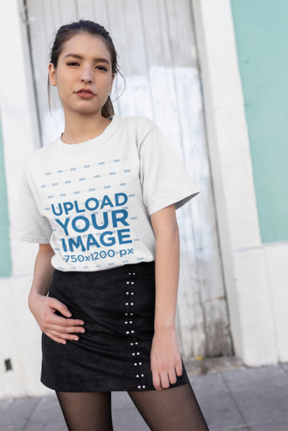 Mockup of a Cool Woman Wearing a T-Shirt and a Short Dark Skirt 