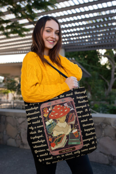 Mockup of a Pretty Woman Carrying a Tote Bag on Her Shoulder