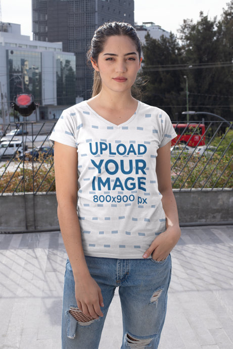 Mockup of a Cool Edgy Woman Wearing a Sublimated V-Neck Tee