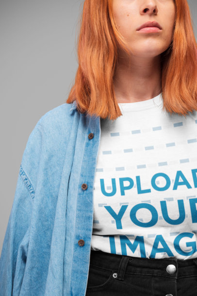 T-Shirt Mockup of a Serious Red Haired Woman with a Denim Shirt