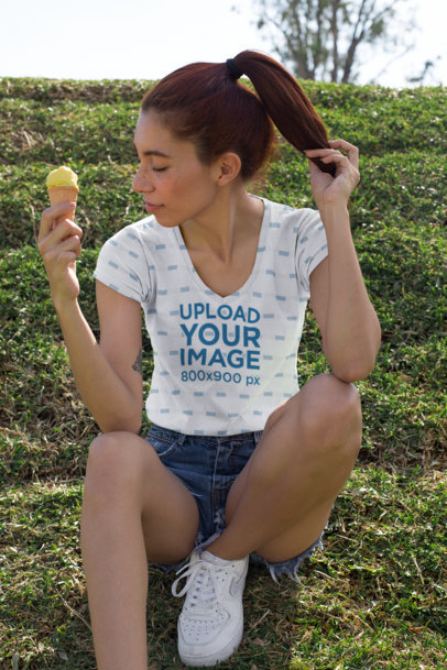 Sublimated V-Neck Tee Mockup of a Girl with Red Hair Holding an Ice Cream Cone 24985
