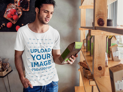 T-shirt Mockup Featuring a Young Man at an Organic Market