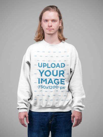 Crewneck Sweatshirt Mockup Featuring a Man with Long Hair Standing in a Studio