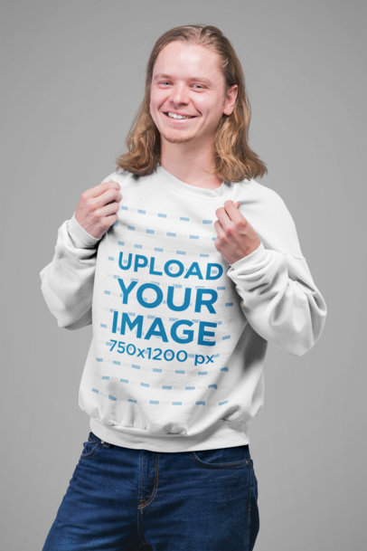 Mockup Featuring a Smiling Man with Long Hair Showing off His Crewneck Sweatshirt