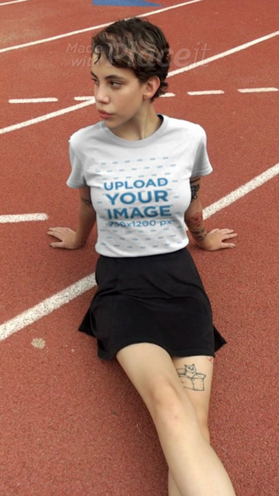 T-Shirt Video Maker Featuring a Gorgeous Woman Sitting on a Track Field