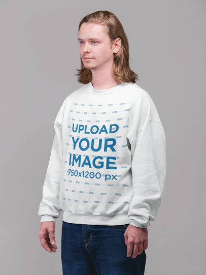 Crewneck Sweatshirt Mockup of a Long-Haired Blonde Man Standing in a Studio