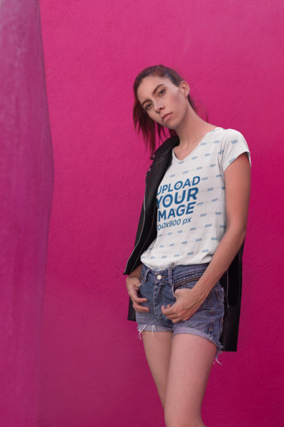 V-Neck T-Shirt Mockup of a Cool Woman Posing against a Pink Wall 