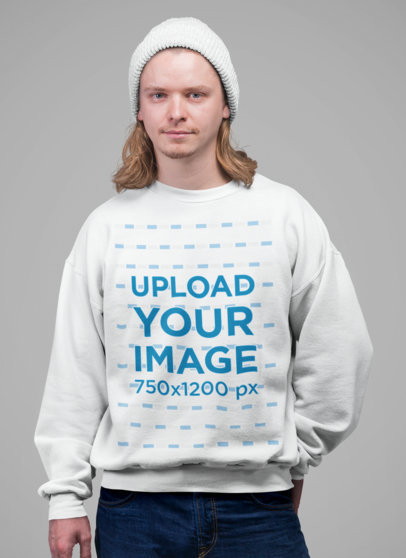 Crewneck Sweatshirt Mockup Featuring a Long-Haired Man Wearing a Beanie