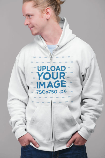 Full-Zip Hoodie Mockup of a Blonde Man with Tied Hair Looking Away