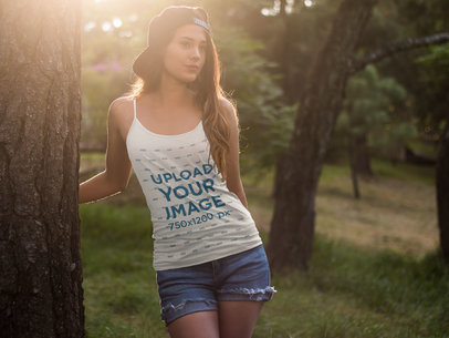 Spaghetti Tank Top Mockup of Woman With Cutoffs
