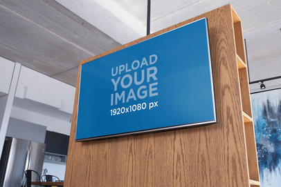 Low-Angle View Mockup of a Smart Tv in a Wooden Living Room Structure 25839
