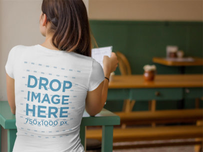T-Shirt Mockup for Back Designs Featuring Woman at Cafe