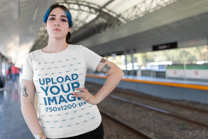 Plus Size Tee Mockup of a Tattooed Woman with Blue Hair Waiting in a Train Station