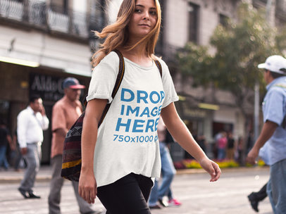 T-Shirt Mockup of a Hipster Girl Crossing the Street 6463a