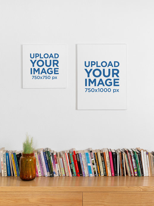 Mockup of a Square Canvas Print and a Vertical Wall Canvas Displayed over a Bookshelf