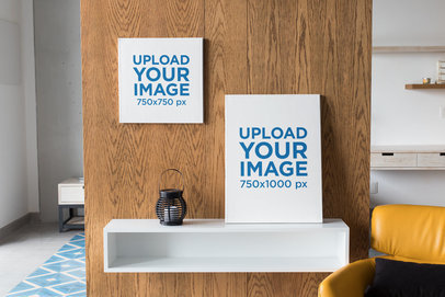 Mockup of a Square Canvas Print and a Vertical Wall Canvas in a Modern Living Room