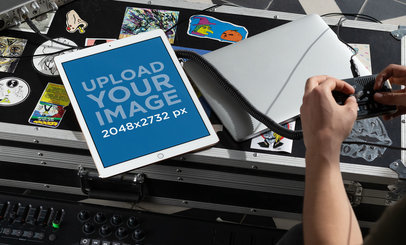 iPad Pro Mockup over a Pedalboards Case at a Home Studio 25747