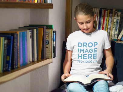 T-Shirt Mockup of a Girl Reading a Book at a Library