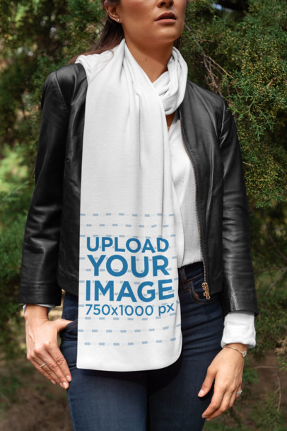 Scarf Mockup Featuring a Woman with a Leather Jacket Posing by Some Bushes 25677