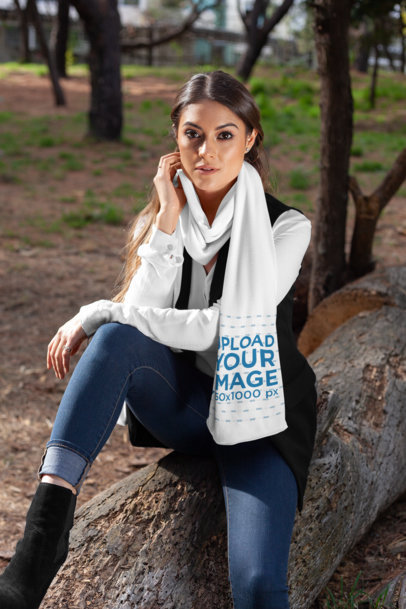Scarf Mockup of a Woman Sitting over a Fallen Tree Trunk at the Park 25681