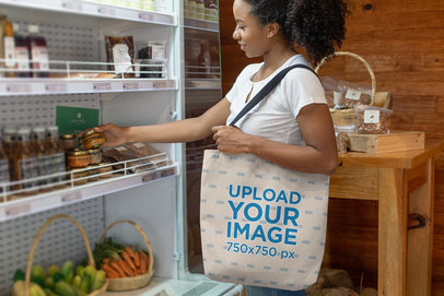 Tote Bag Mockup Featuring a Woman Shopping in a Grocery Store