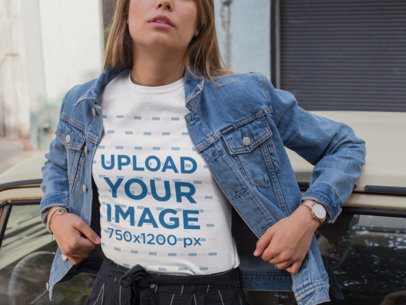 Tee Mockup of a Woman Leaning over an Old Car 