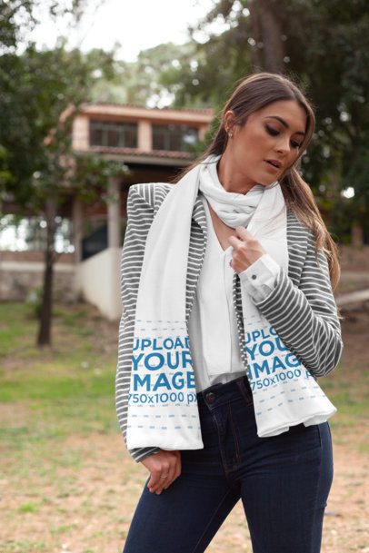 Mockup of a Stylish Woman Wearing a Scarf in a Garden 25683