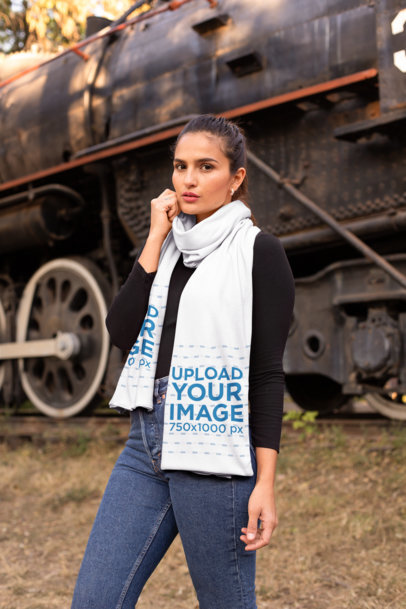 Scarf Mockup of a Woman Beside of a Standing Train 25665