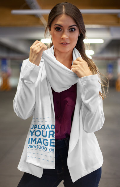 Mockup of a Girl with Gorgeous Eyes Wearing a Scarf in an Underground Parking Lot 25684