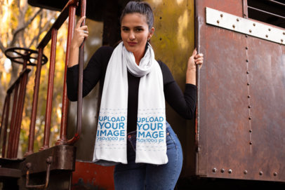 Scarf Mockup of a Cute Woman Posing in a Rusty Wagon 25666