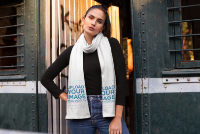 Scarf Mockup of a Woman Standing by an Open Metal Door 25667