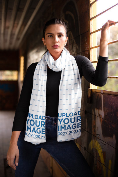 Scarf Mockup Featuring a Woman Holding onto a Window Bar 25668