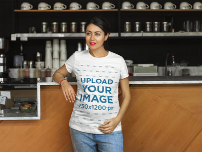 T-Shirt Mockup of a Pregnant Woman at a Coffee Shop a7962