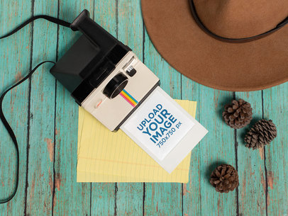 Polaroid Frame Mockup Next to a Hat and Some Pinecones