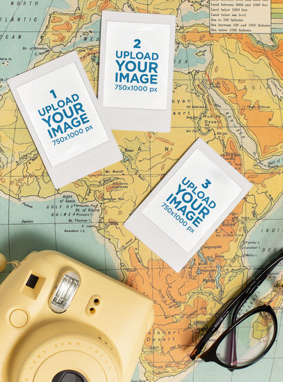 Multiple Polaroid Picture Frames Mockup over an Atlas Map