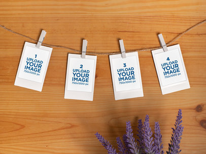 Mockup of a Four-Set Instax Mini Polaroid Picture Frames Hanging with a Clothespin