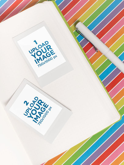 Mockup of Two Polaroid Picture Frames over a Colorful Open Notebook