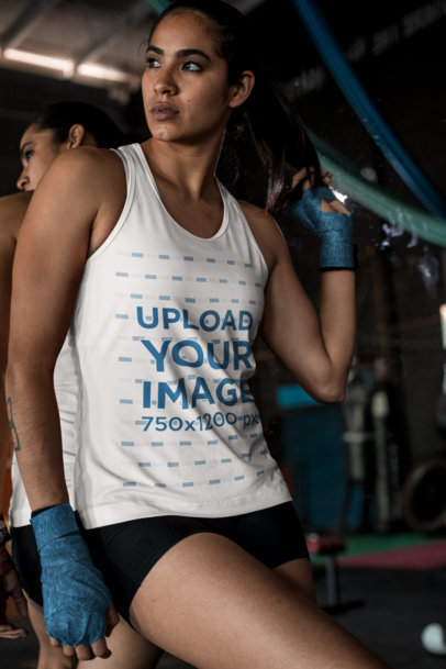 Tank Top Mockup of a Female MMA Fighter at a Gym
