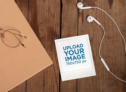 Mockup of a Polaroid Frame with Earphones and Glasses in a Wooden Table 26167