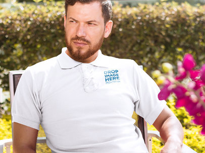 Collar Shirt Mockup of a Man Sitting at a Patio Table