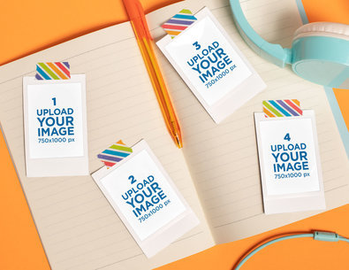 Mockup of a Four-Set of Polaroid Frames by a Notebook and Headphones
