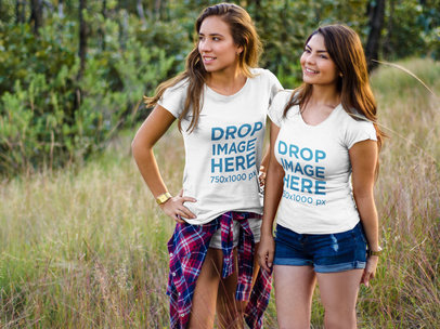 Camping T-Shirt Mockup Featuring Two Girlfriends Outdoors