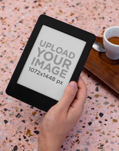 Mockup of a Kindle Paperwhite in a Café