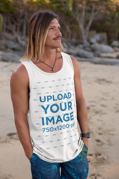 Tank Top Mockup of a Cool Surfer Man at the Beach