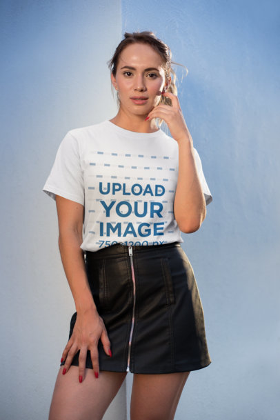 Mockup of a Pretty Woman Wearing a T-Shirt and a Leather Skirt