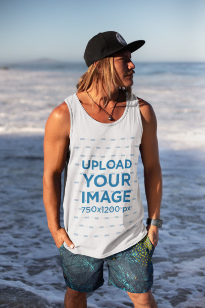 Tank Top Mockup of a Blonde Man with Long Hair and a Cap