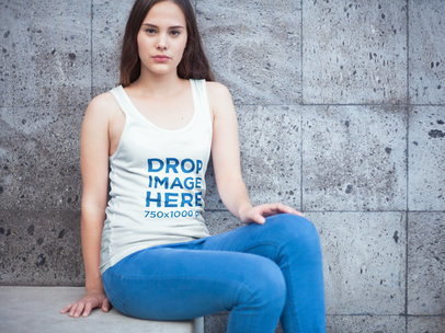 Woman Sitting on a Stone Stairway T-Shirt Mockup