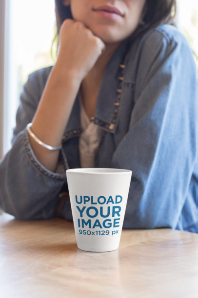 Coffee Mug Mockup Featuring a Girl Wearing a Denim Shirt 26445