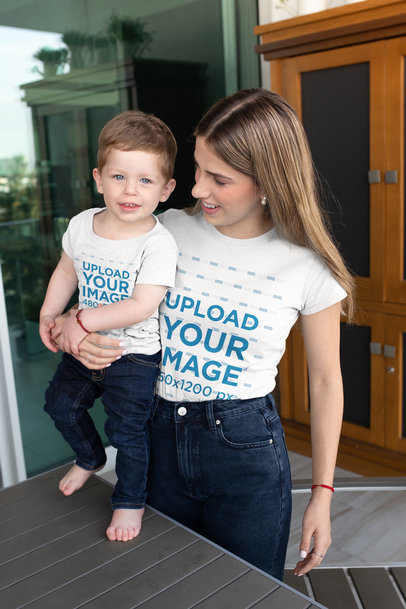 T-Shirt Mockup of Mom and Son with Coordinated Outfits